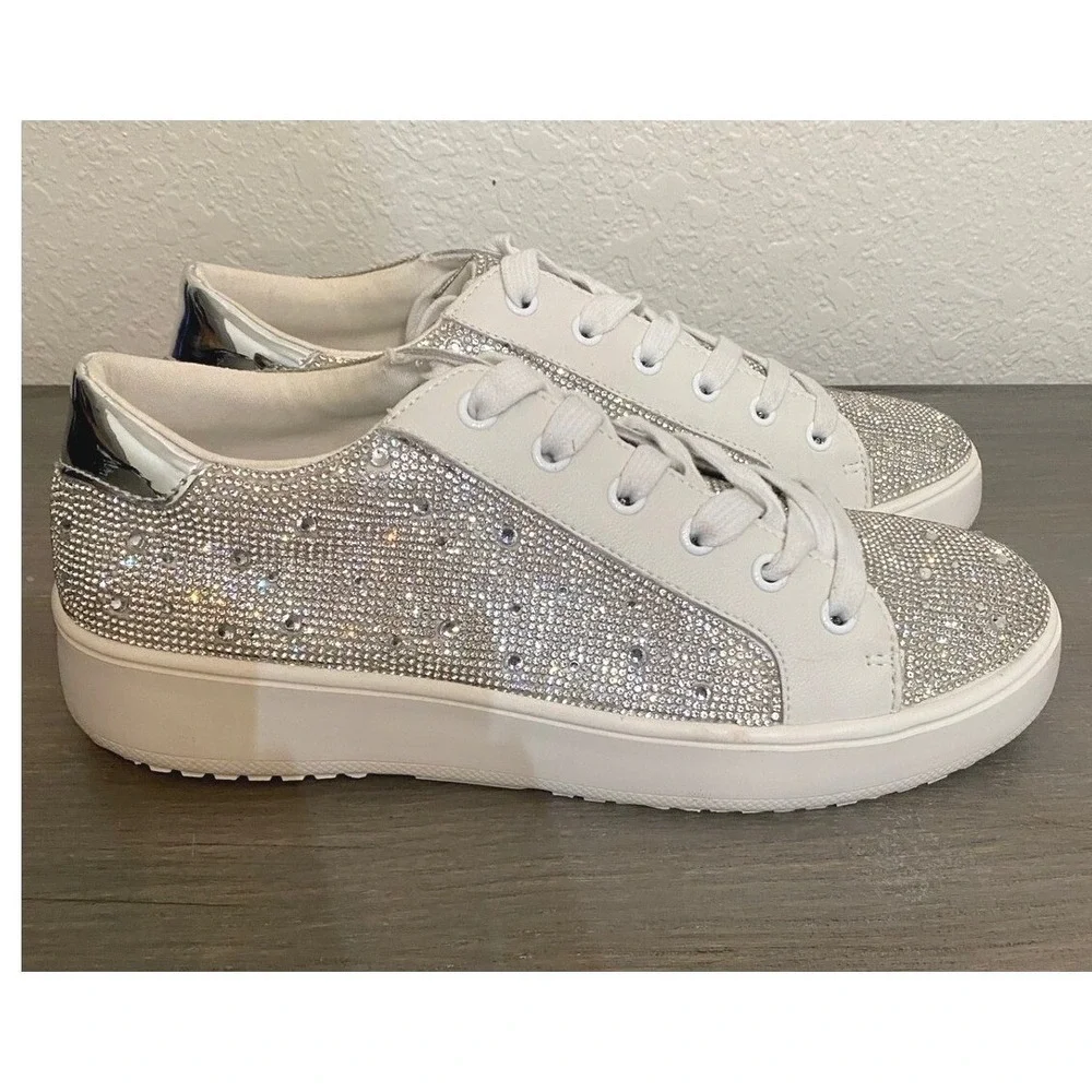 Steve Madden Rhinestone Sneakers Platform White Silver Women 9M‎ S Sparkle Bling